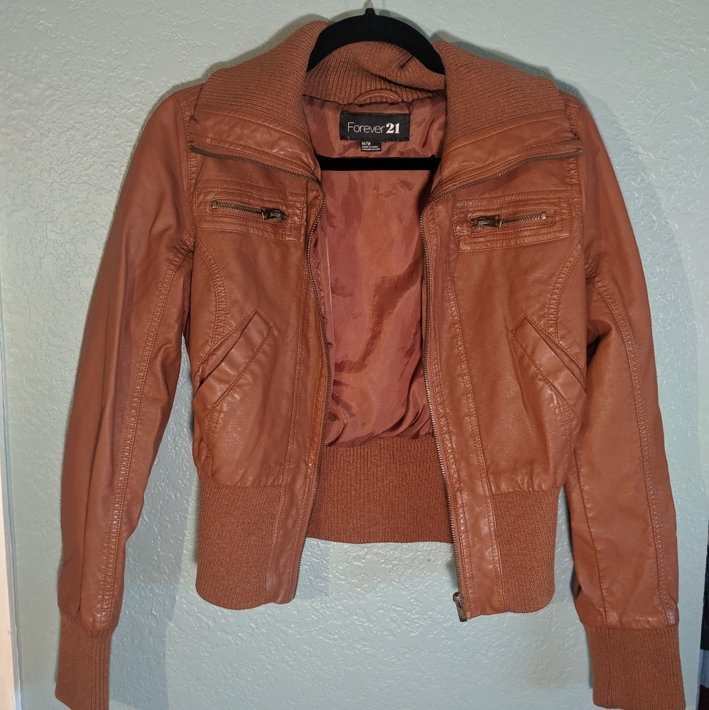 Foever21 Camel bomber leather jacket Medium